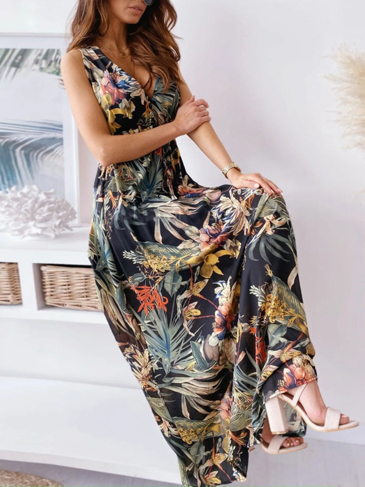 Leaf Print Sleeveless Maxi Dress