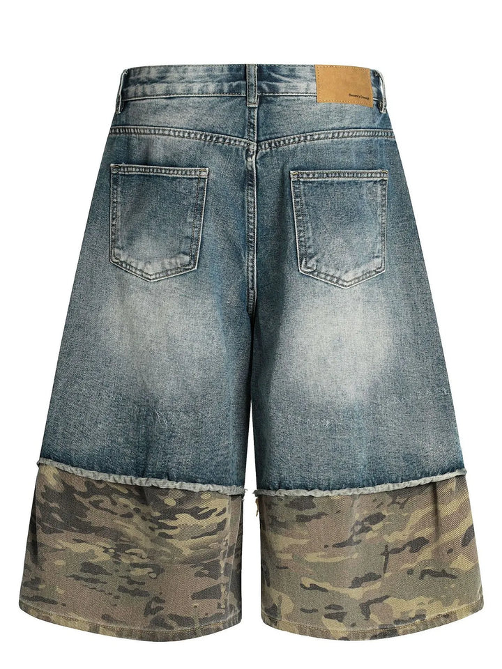 Men's Distressed Camo Panel Denim Shorts