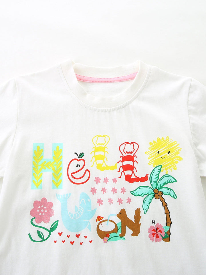 Children's Cartoon Graphic Ruffle Trim Tee & Plaid Shorts Set