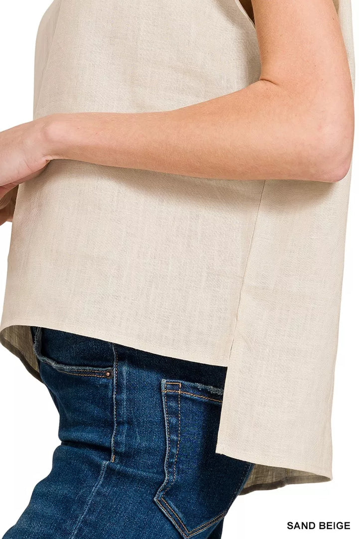Zenana Linen Round Neck Cap Sleeve Top