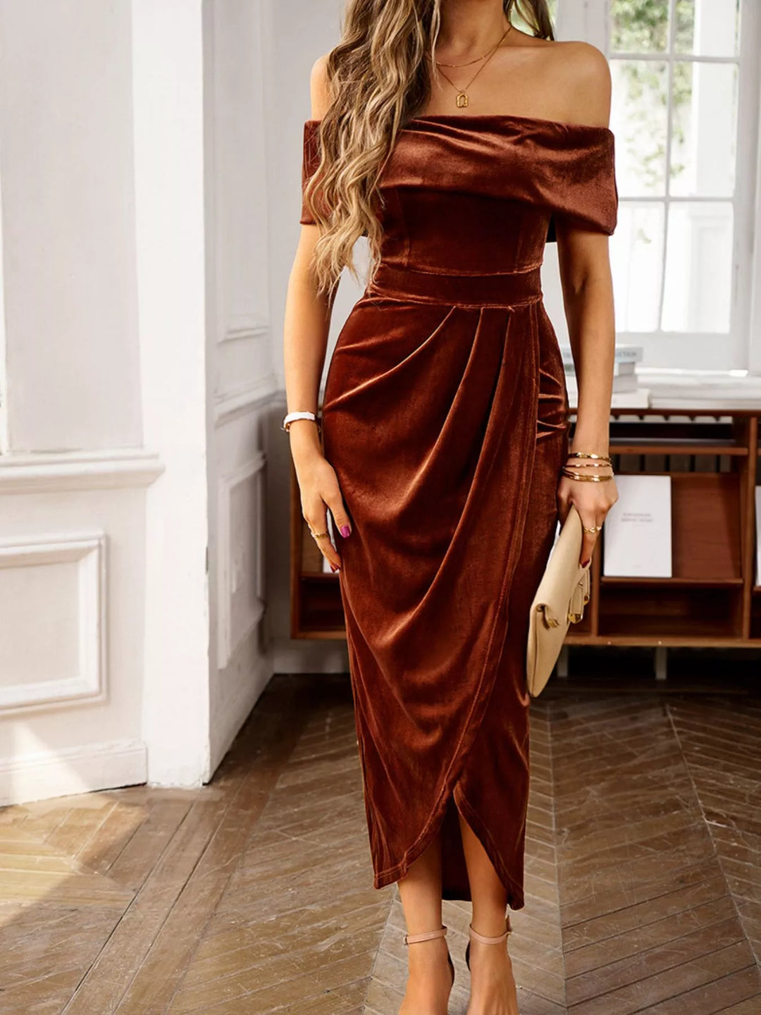 Velvet Off-Shoulder Ruched Midi Dress