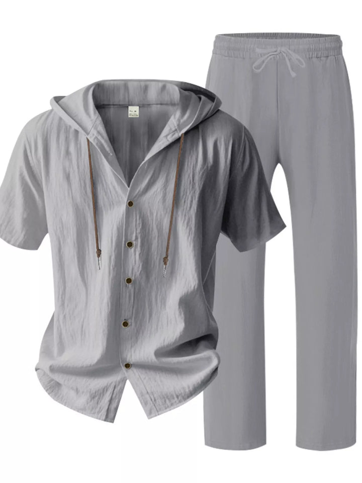 Men's Full Size Button Up Hooded Top and Pants Set Plus Size
