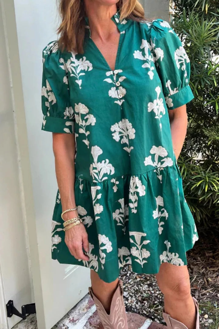 Frilled V Neck Puff Short Sleeve Floral Mini Dress