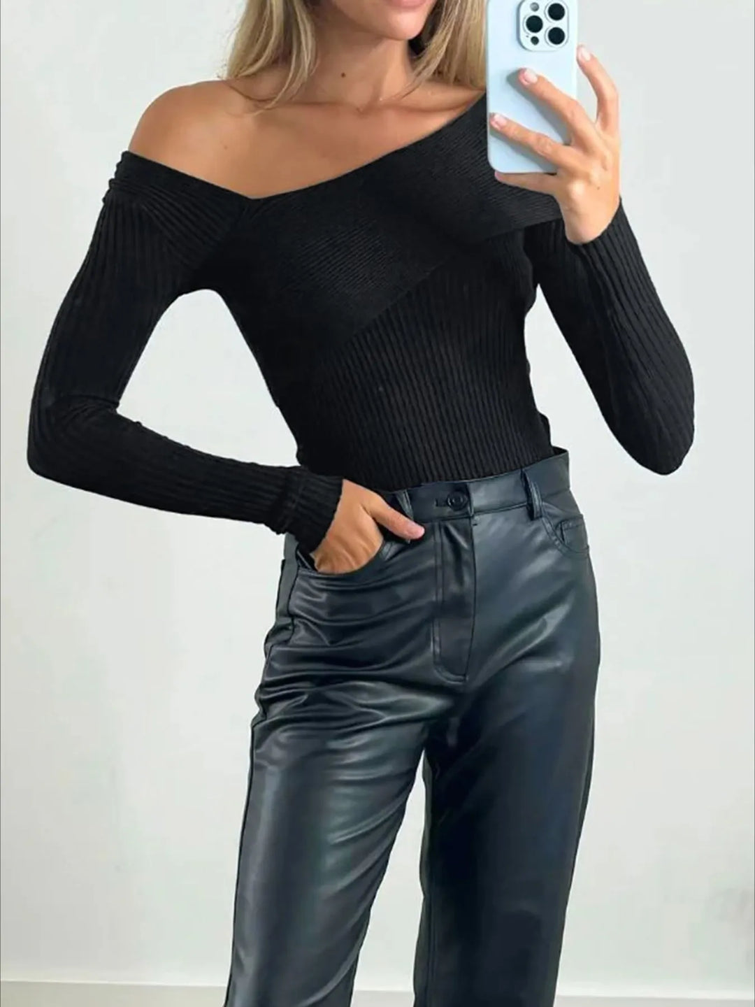 Off-Shoulder Ribbed Knit Top