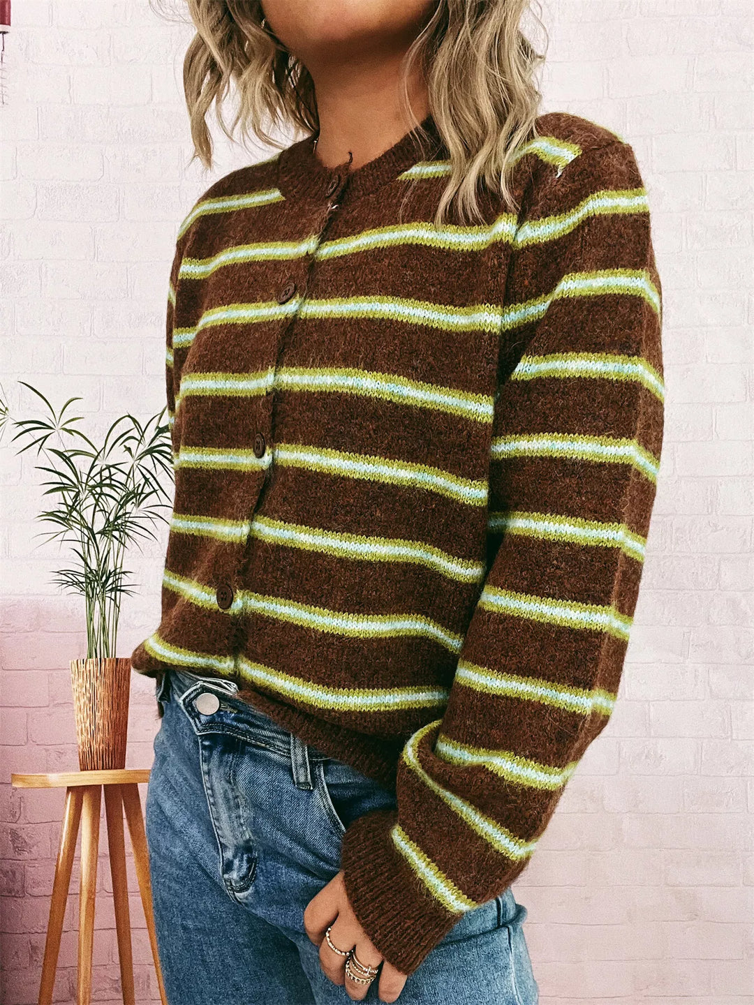 Striped Button-Up Long Sleeve Cardigan