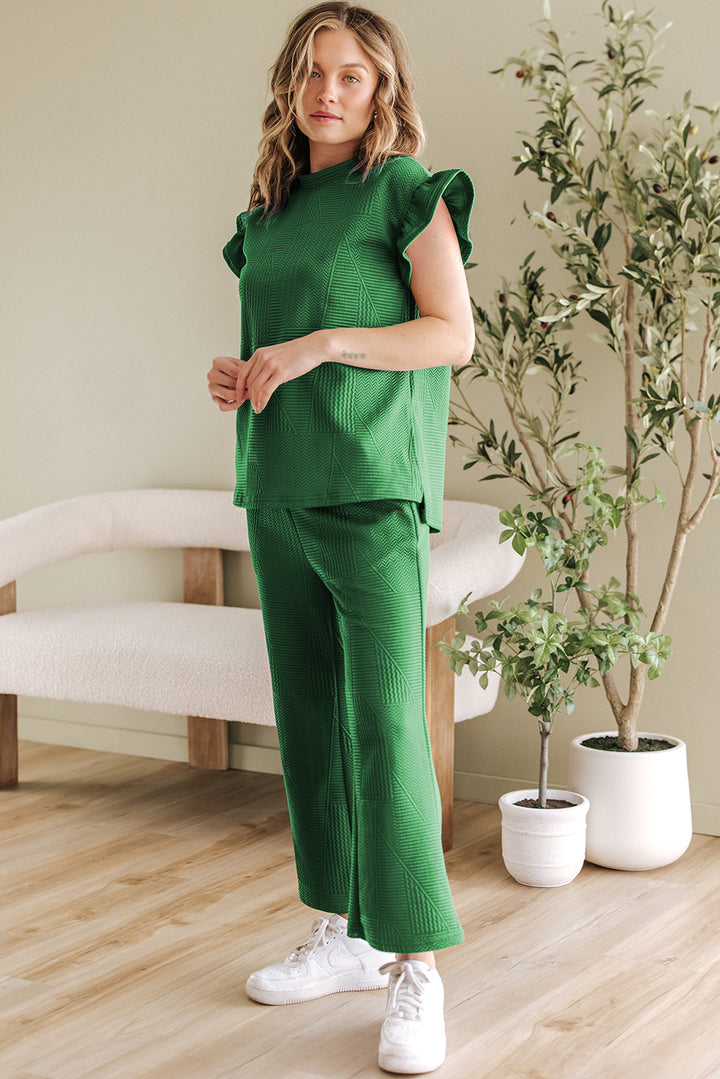 Dark Green Ruffled Sleeve Summer Top and Cropped Loose Pants Set