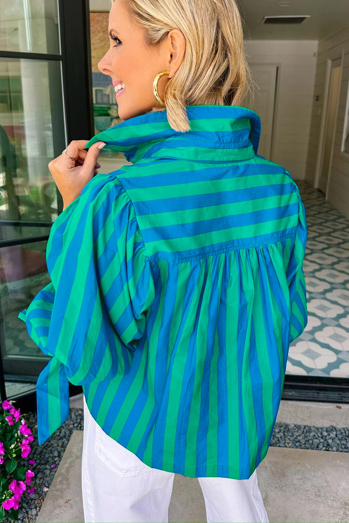Blue Stripe Tie Puff Sleeve Womens Button Down Shirt