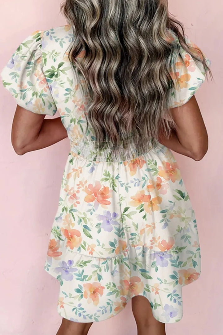 Frill Notched Puff Sleeve Dress