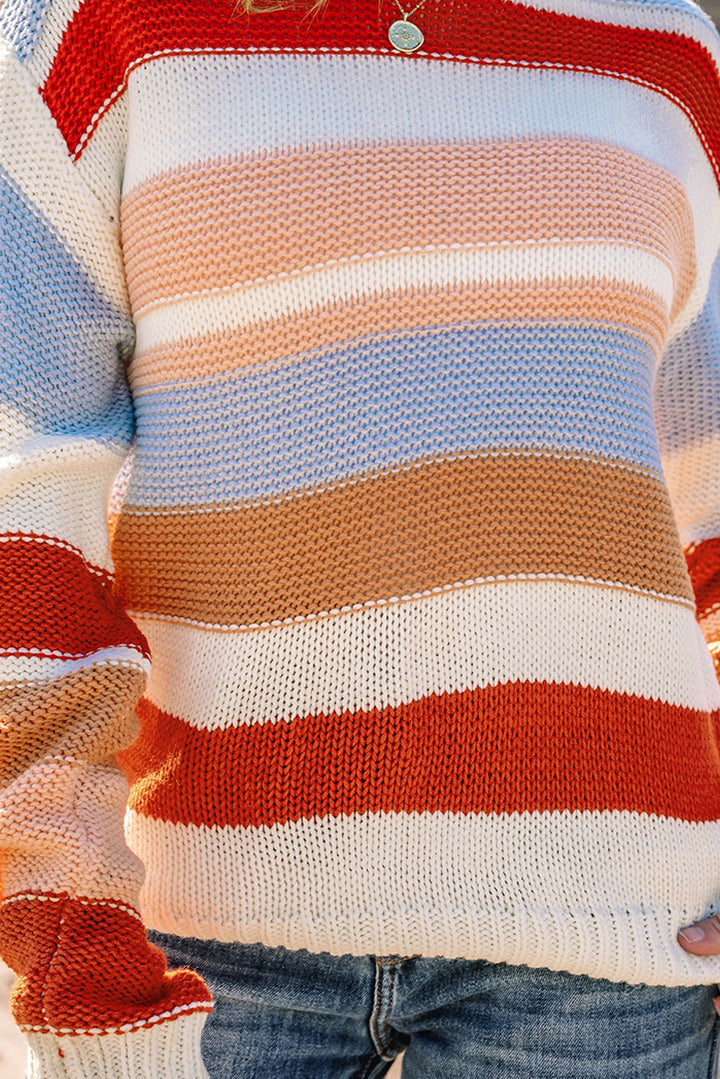 Pink Striped Colorblock Round Neck Drop Shoulder Sweater