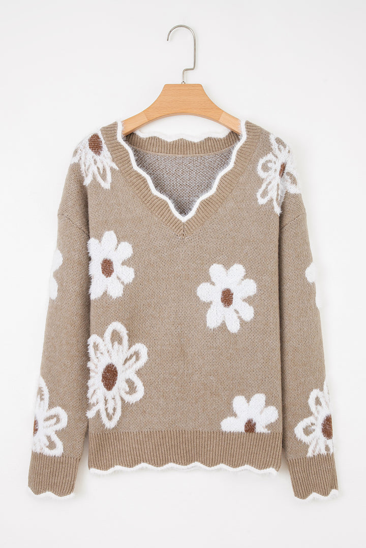 Smoke Gray Plush Flower Pattern Scalloped Trim V Neck Sweater