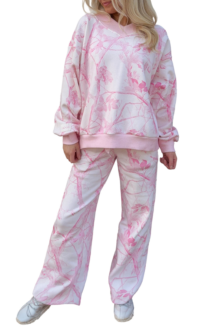 Pink Abstract Plant Print Long Sleeve V Neck Pant Set