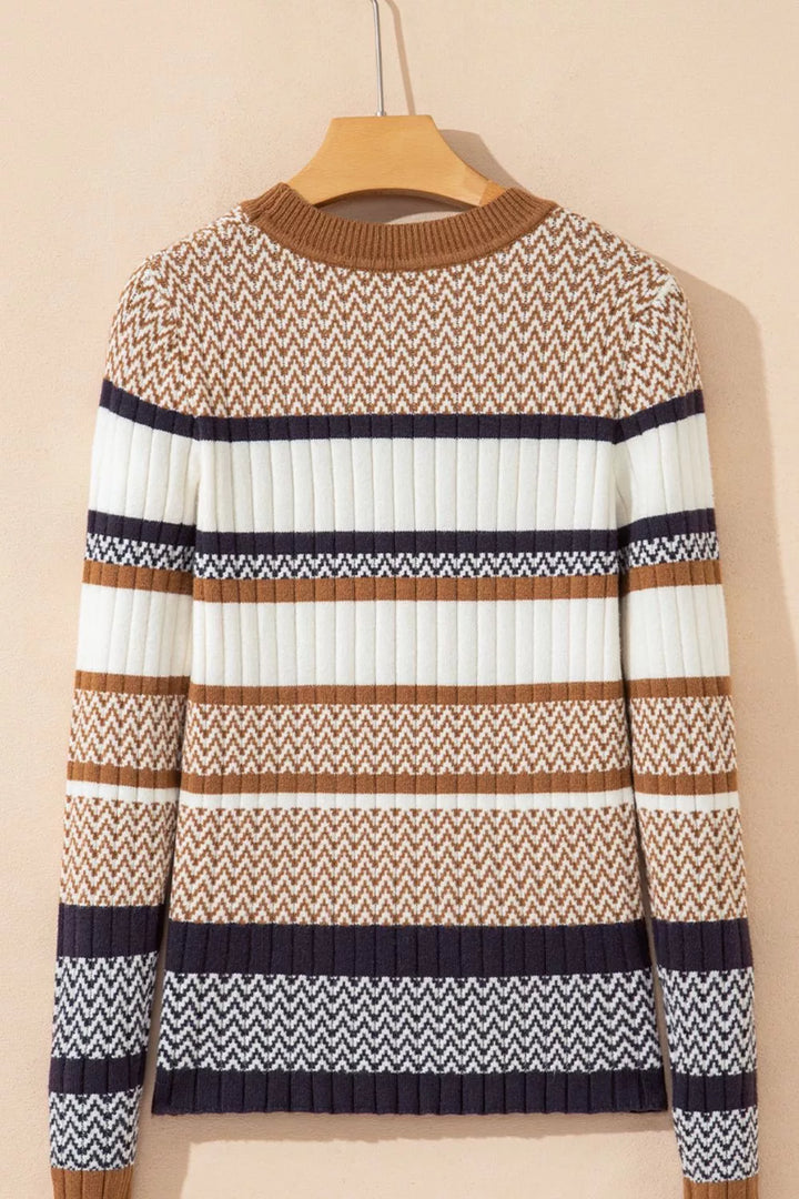 Stripe Stylish Pattern Knitted Ribbed Trim Slim Sweater