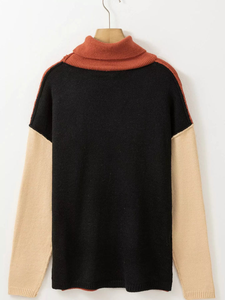 Color Block Turtleneck Drop Shoulder Knit Sweater