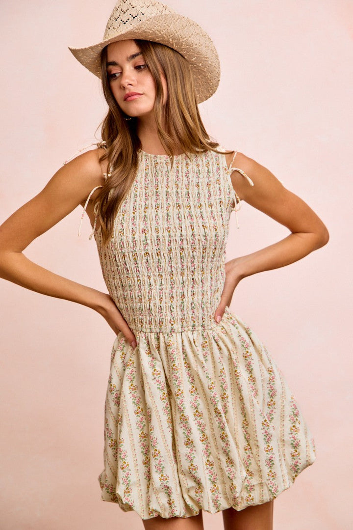 BiBi Floral Bow Tie Attachable Puff Sleeves Dress