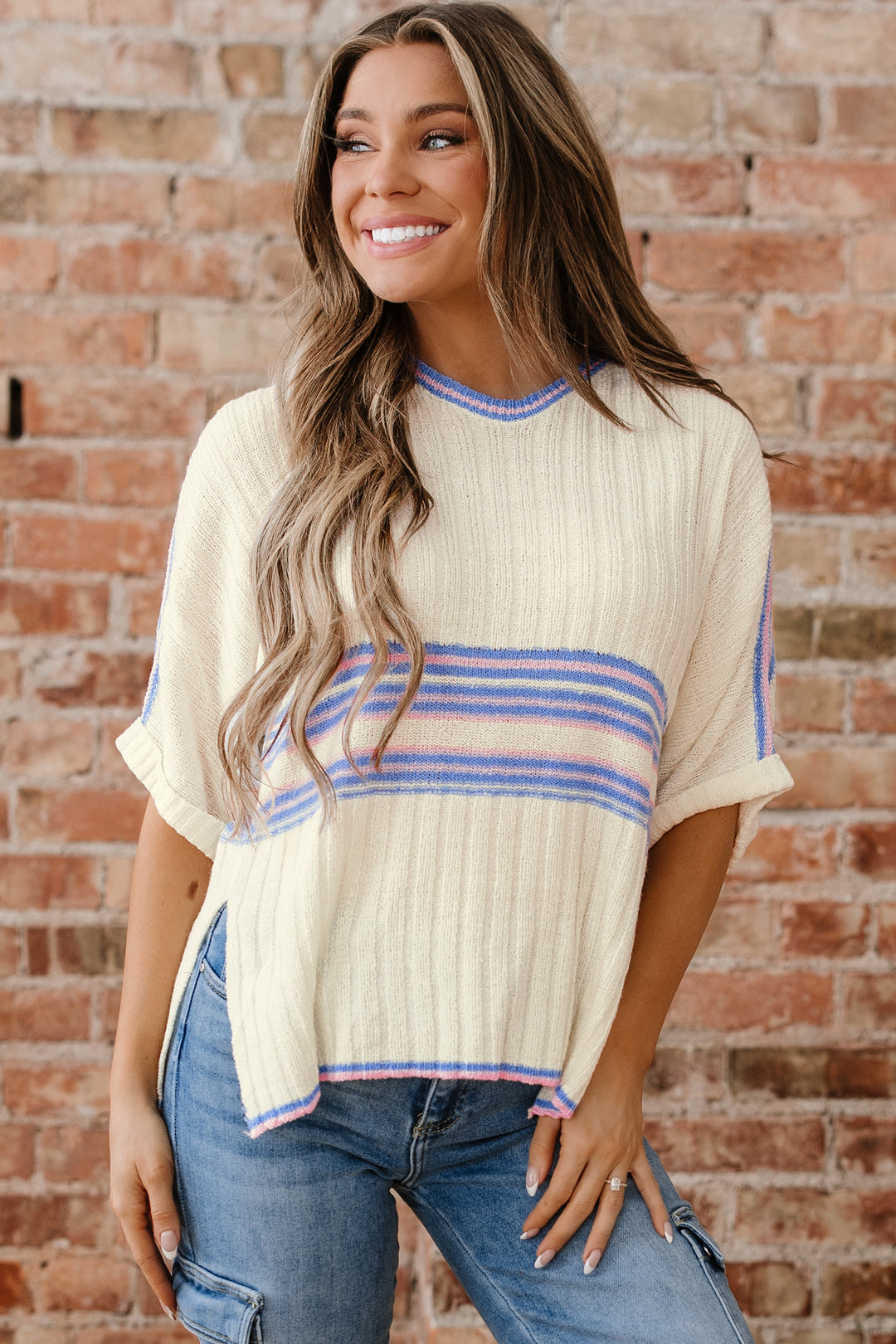 White Striped V Neck Dolman Sleeve Rib Knit Oversized Sweater with Slits