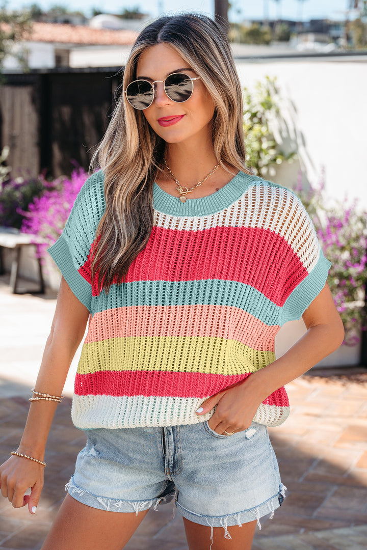Green Stripe Color Block Hollow Out Knit Short Sleeve Sweater