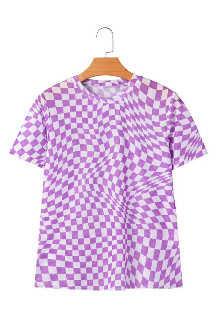 Purple Checkered Print Mock Neck Mesh T Shirt