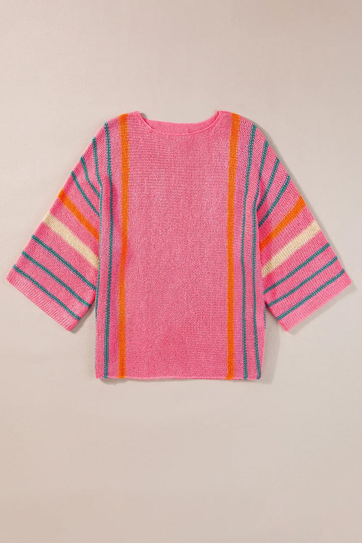 Striped Boat Neck Three-Quarter Sleeve Knit Top