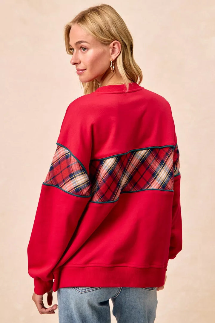 BiBi Christmas Theme Plaid Block Sweatshirt with Binding