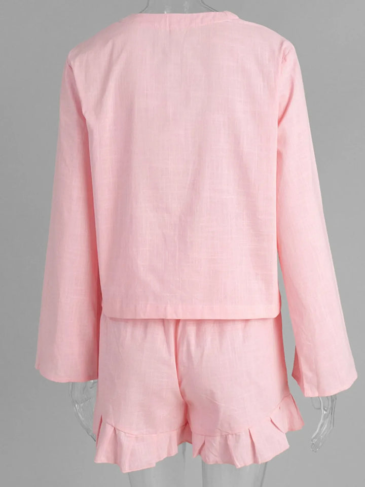 Tie Front Long Sleeve Top and Shorts Set