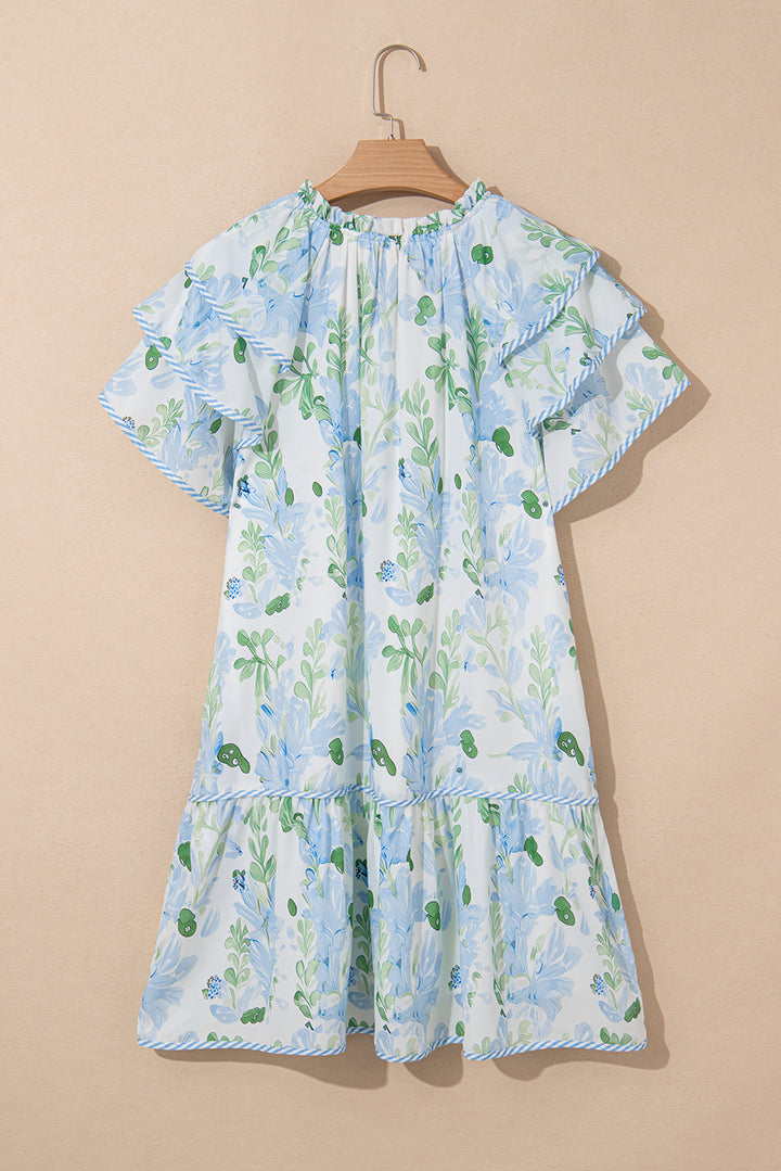Mini-robe à manches courtes superposées et à bordures contrastées bleu ciel