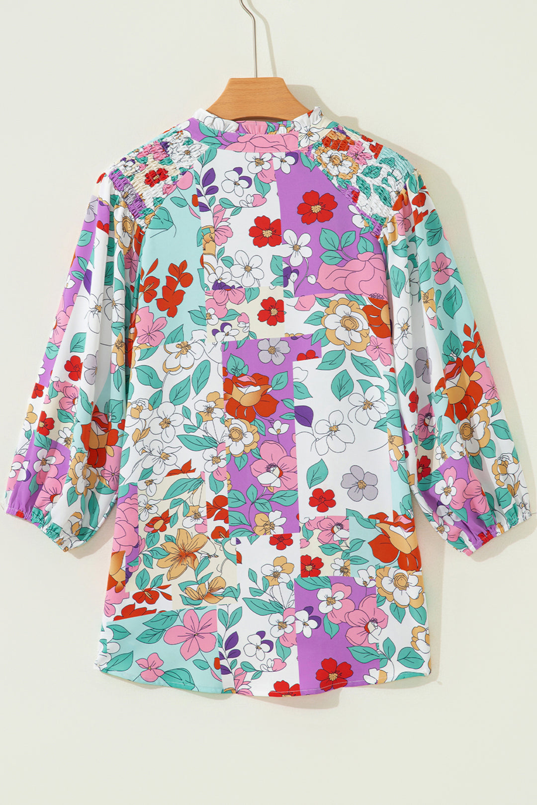 Pink Floral Print Patchwork Frilly Neckline Long Sleeve Shirt