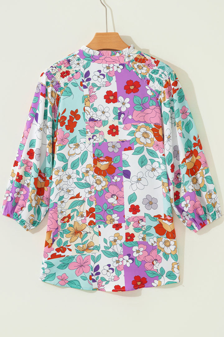 Pink Floral Print Patchwork Frilly Neckline Long Sleeve Shirt