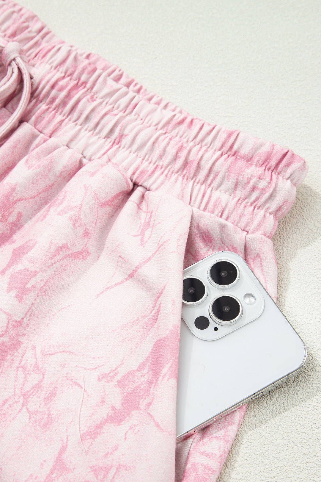 Pink Abstract Print V Neck Loose Tee Drawstring Shorts 2pcs Outfit