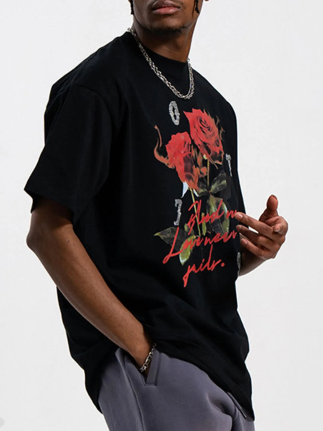Men's  Rose Graphic T-Shirt with Vintage Script Design