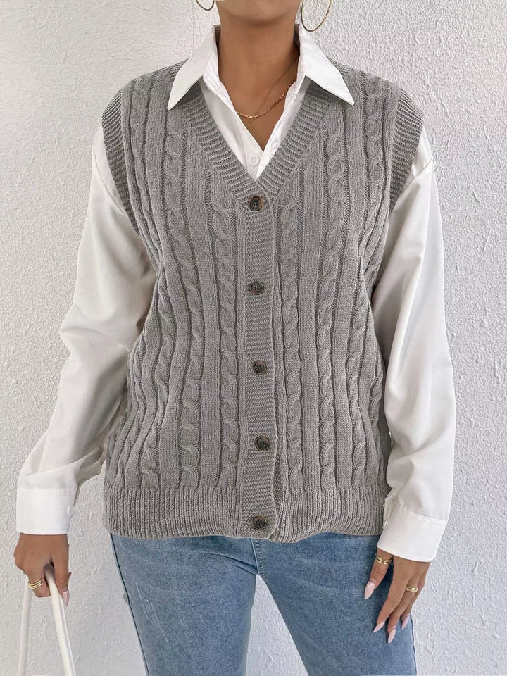 Cable-Knit Button-Up Sweater Vest
