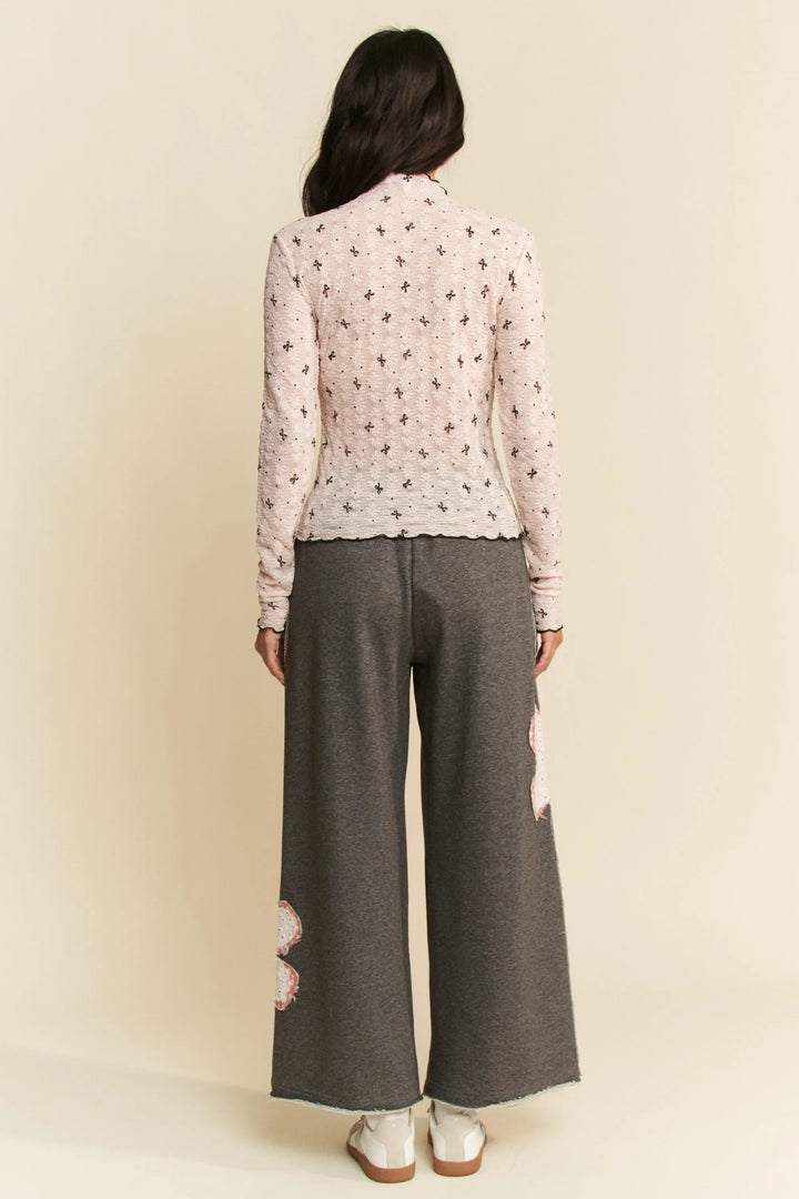 Davi & Dani Ribbon Bow Lace Hem Long Sleeve Mesh Layering Top