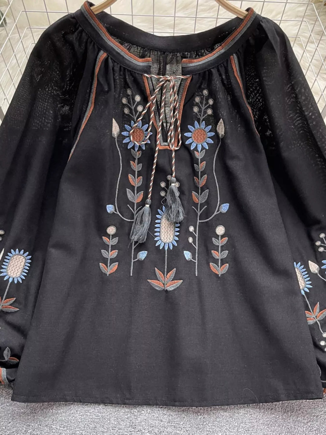 Embroidered Tie Neck Blouse