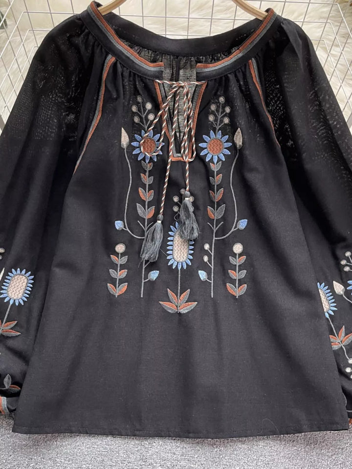 Embroidered Tie Neck Blouse