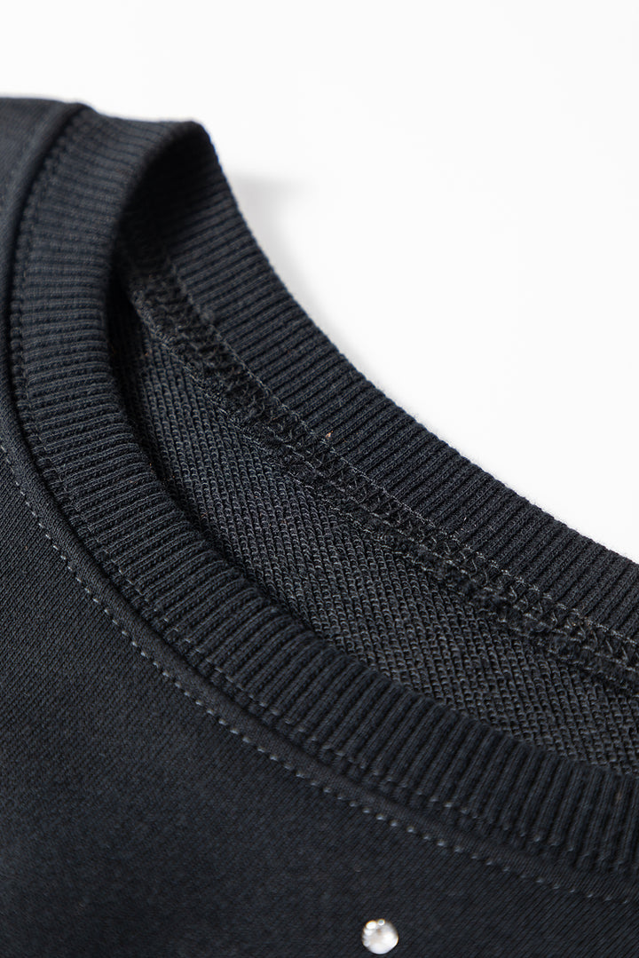 Black Rhinestone Embellished Drop Shoulder Ribbed Cuffs Wholesale Sweatshirt