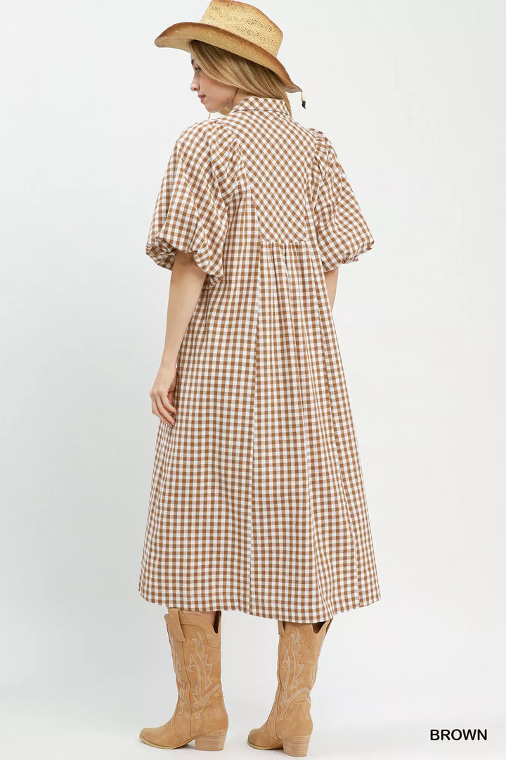 Umgee Puff Sleeve Plaid Midi Dress