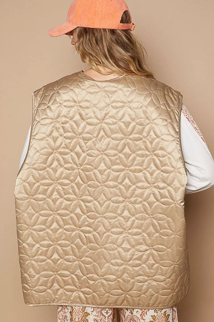 POL Front Zipper Floral Pattern Quilted Vest Coat with Front Pockets