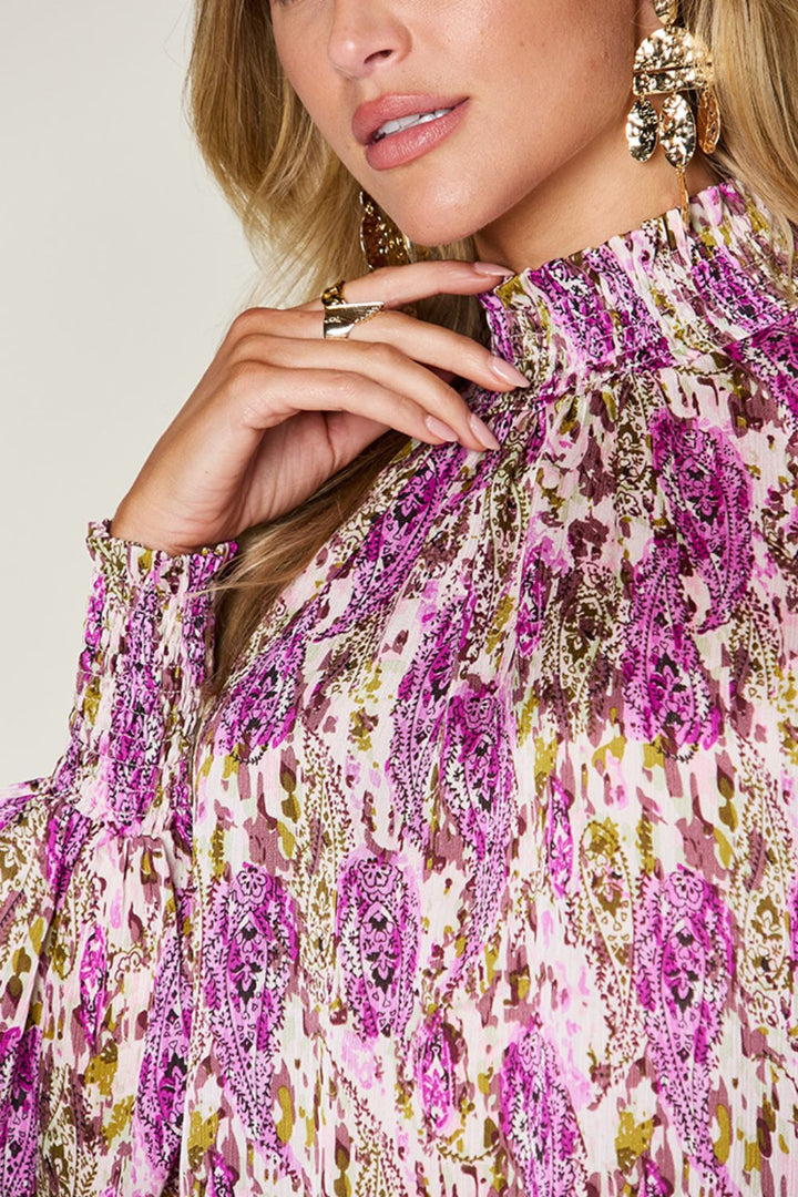 Semi-Sheer Smocked Top with Long Sleeves & Frills
