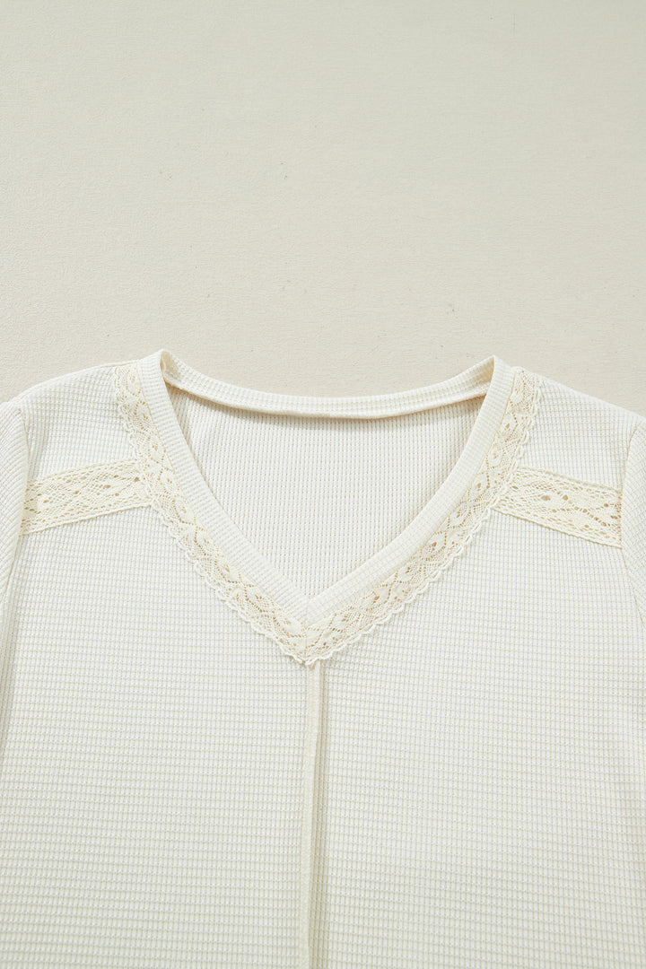 Beige Thermal Knit Lace Ruched Patchwork Long Sleeve V Neck Top