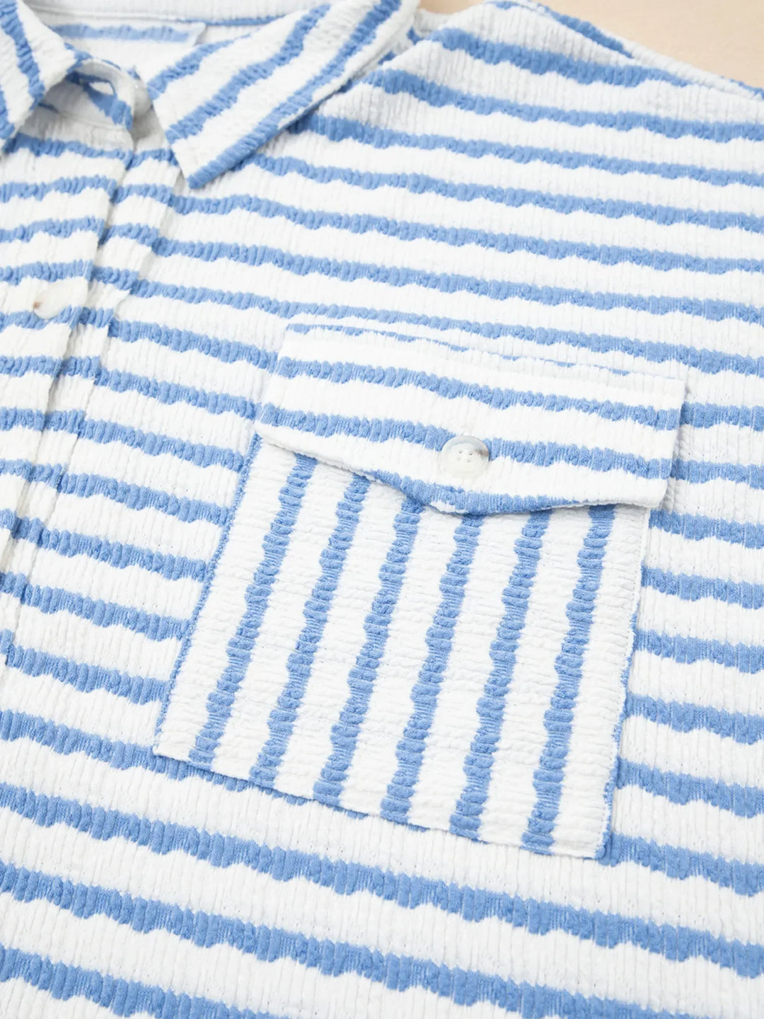 Stripe Half Button Collared Chest Pockets Loose Fit Blouse