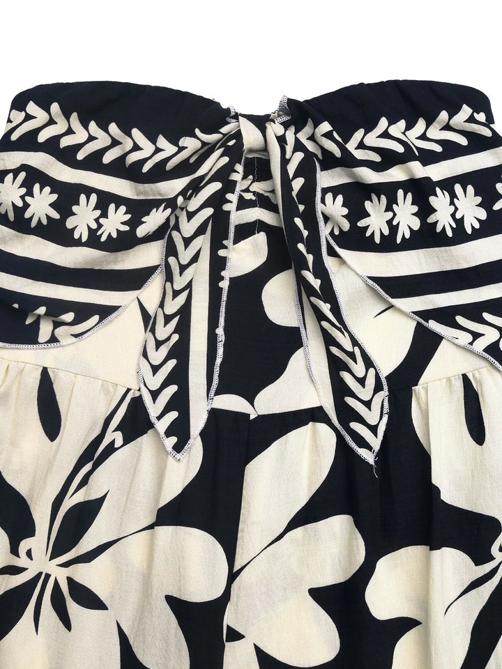 Floral Print Strapless Tie Front Wide Leg Jumpsuit