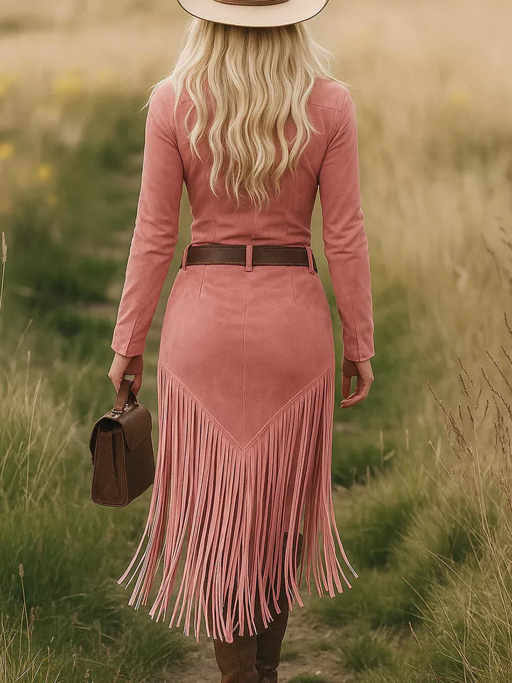 Fringe Zip Front Long Sleeve Dress