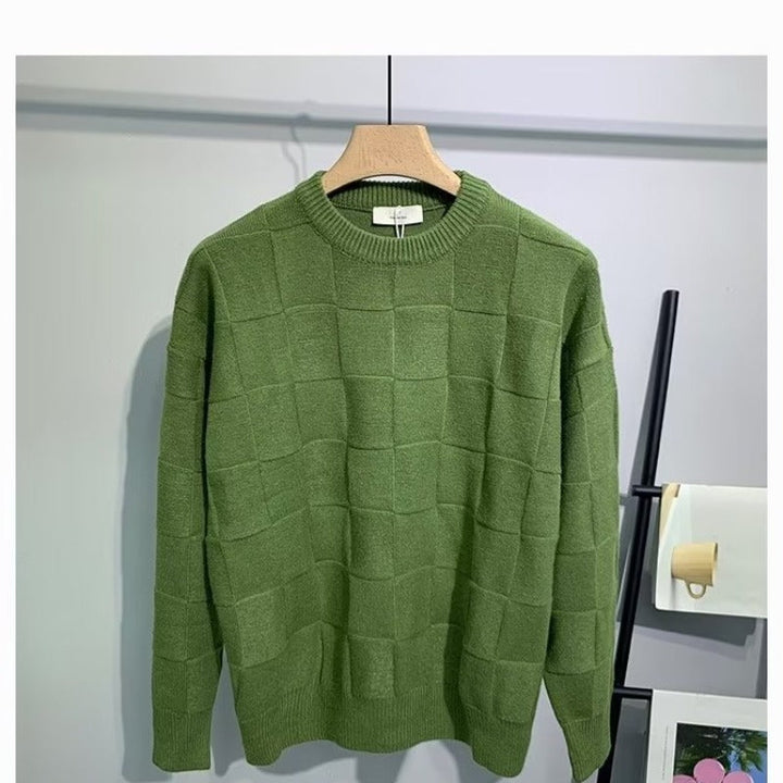 Laid-back Solid-color Checkerboard Knit Sweater