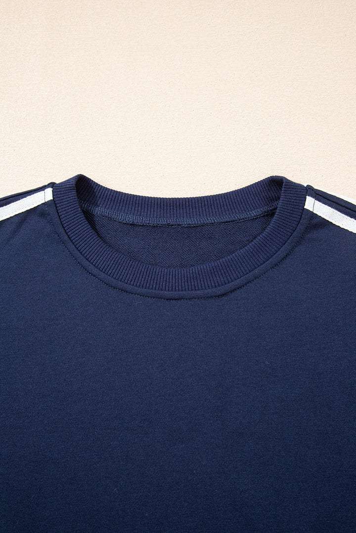 Dirty blue Varsity Striped Detail Crewneck Pullover Elastic Sweatpants 2pcs Outfit