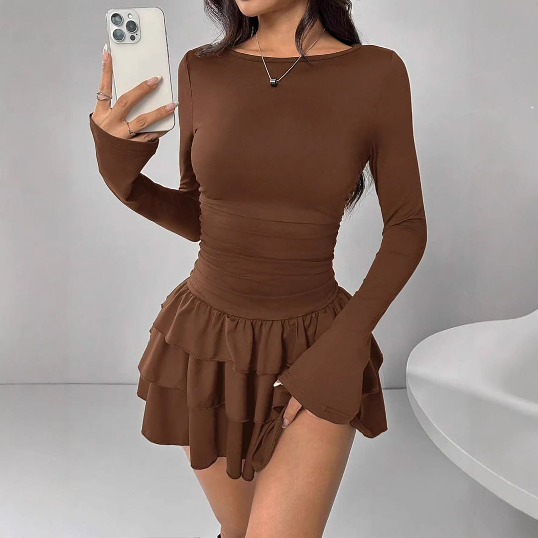 Round-neck Sheath Dress With Pleats And Long Sleeves
