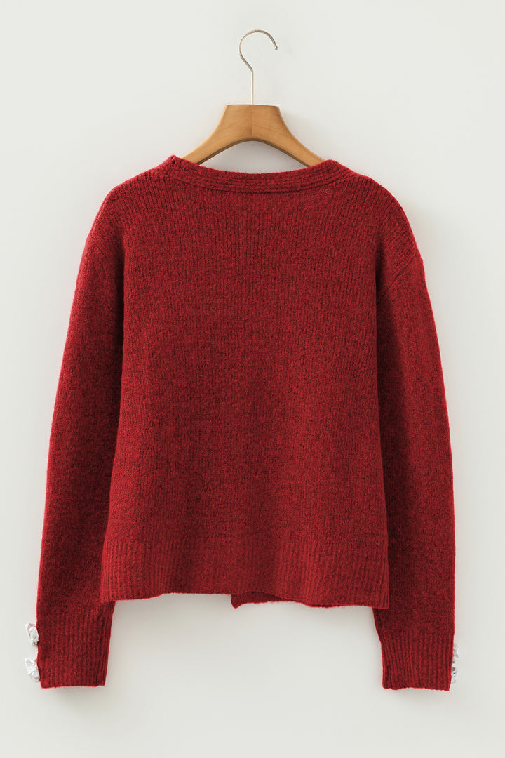 Fiery Red Heart Metal Button V Neck Cardigan Sweater