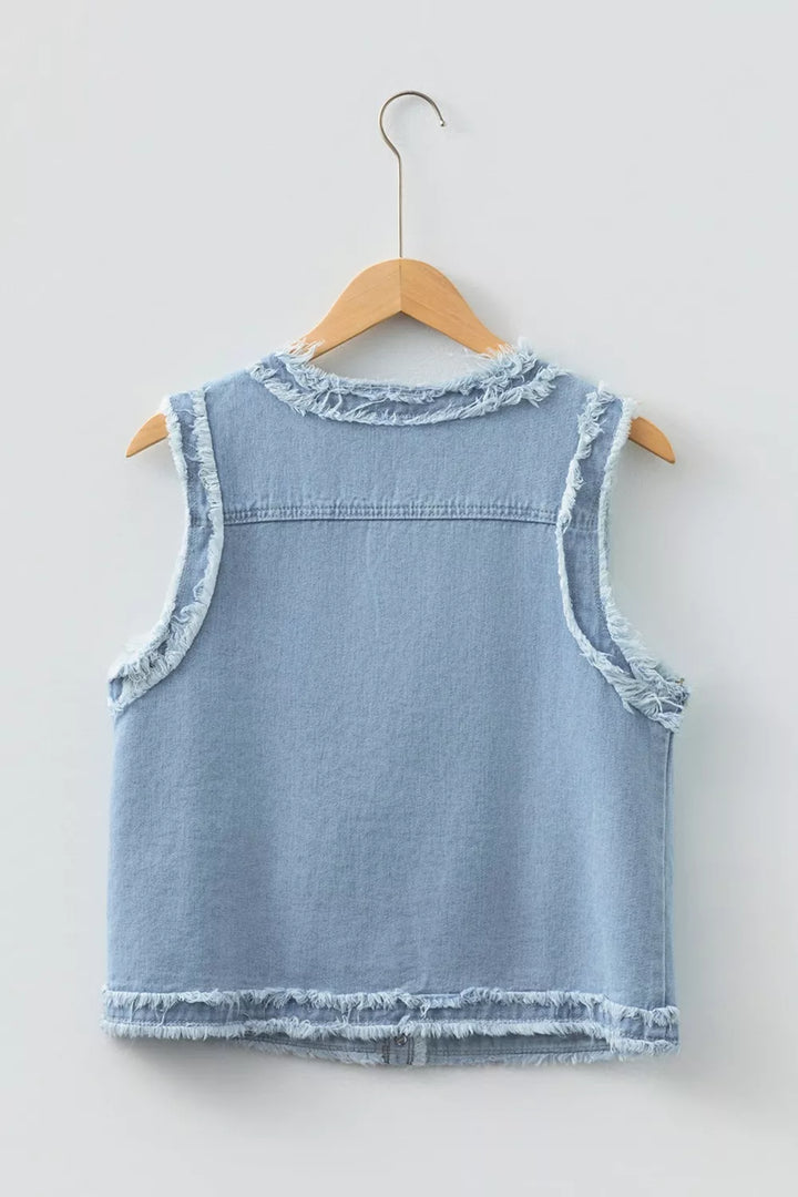 Frayed Edge Flap Pockets Denim Vest Jacket