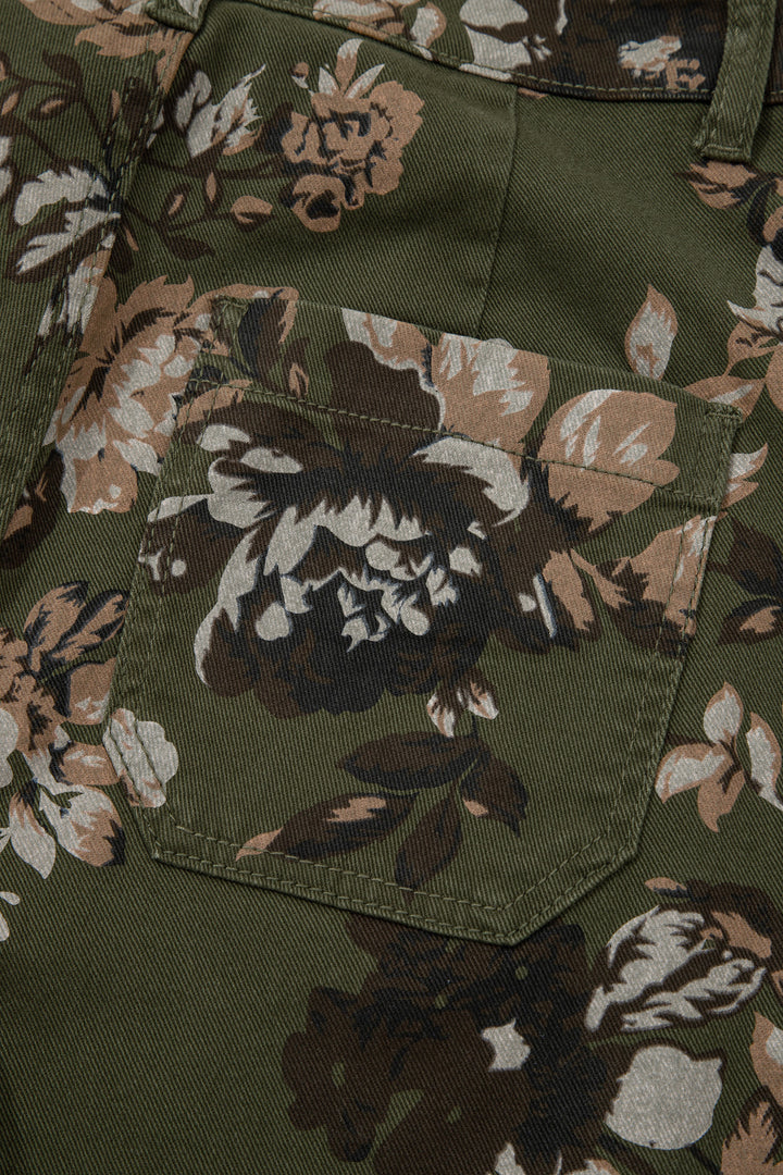 Green Vintage Floral Print Square Patch Pocket Raw Hem Shift Jeans