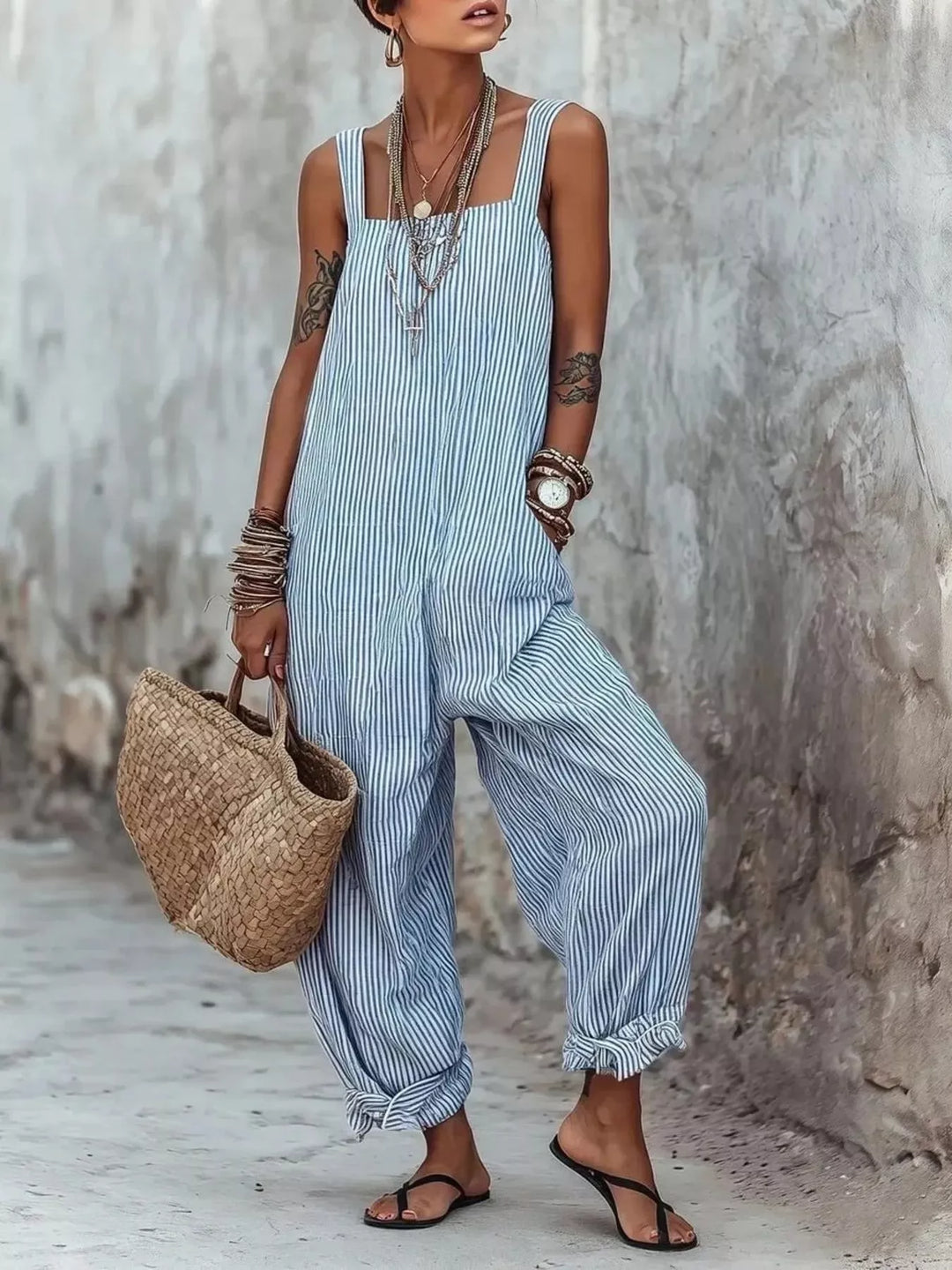 Full Size Striped Wide-Leg Jumpsuit Plus Size