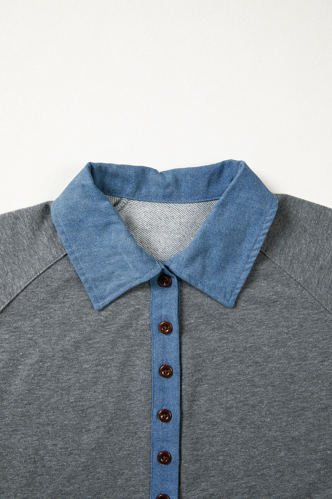 Carbon Grey Denim Color Block Patchwork Shirt Collar Short Sleeve Blouse