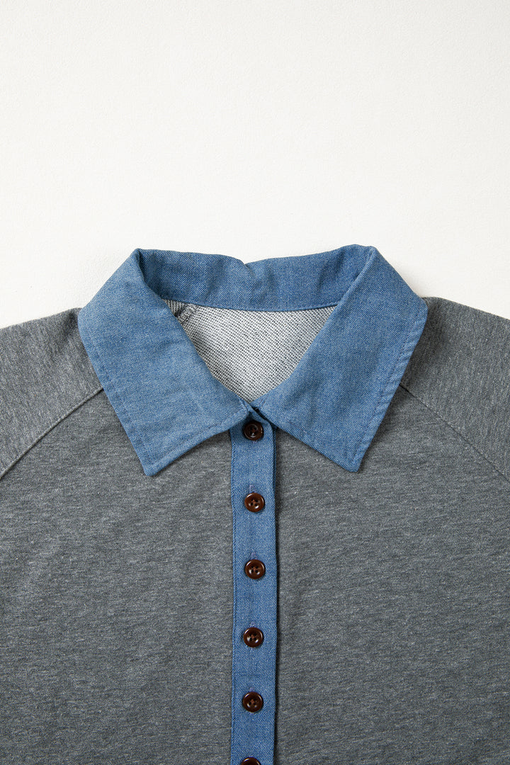 Carbon Grey Denim Color Block Patchwork Shirt Collar Short Sleeve Blouse